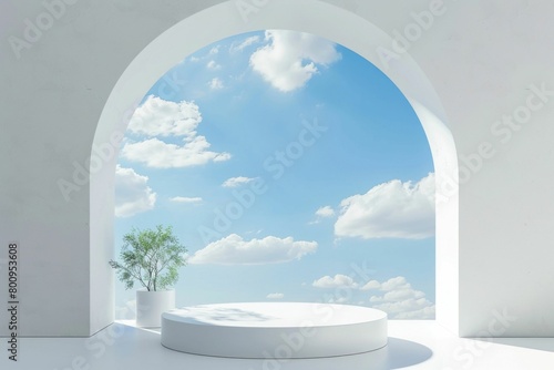 Minimalist Display Podium with Skyline Arch Window. Generative ai