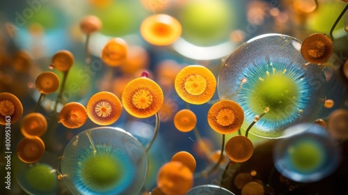 Vibrant Mushroom Spores in Microscopic View