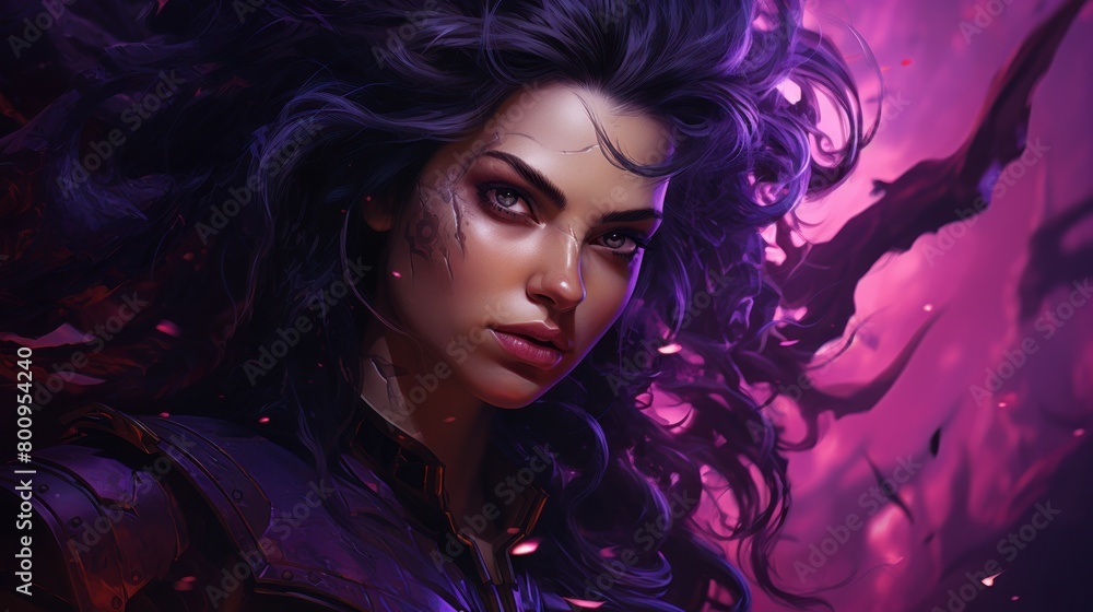 Powerful female warrior with dark hair and intense expression Powerful female warrior with dark hair and intense expression