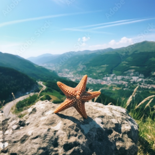 Starfish on a rocky cliff overlooking a scenic mountain landscape