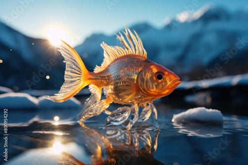 Vibrant Goldfish Swimming in Icy Waters