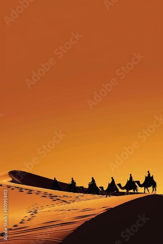 Camel silhouette caravan at dusk desert expanse