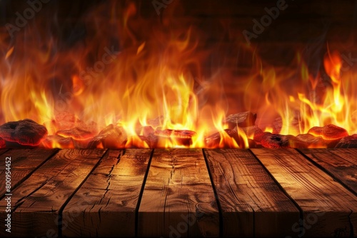 Blazing Fire on Wooden Surface. Generative ai