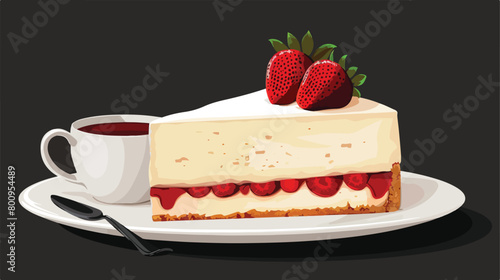 Tasty cheesecake with strawberry and coffee on dark background