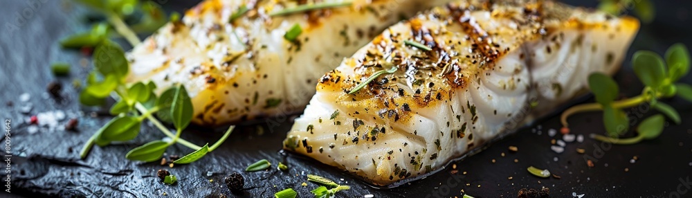 Grilled fish fillets with herbs high detail Grilled fish fillets with herbs high detail