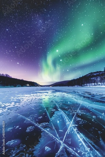 Northern lights over a frozen lake vibrant green and purple colors