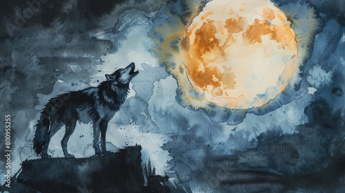 Watercolor painting depicting a wolf howling under a full moon at night