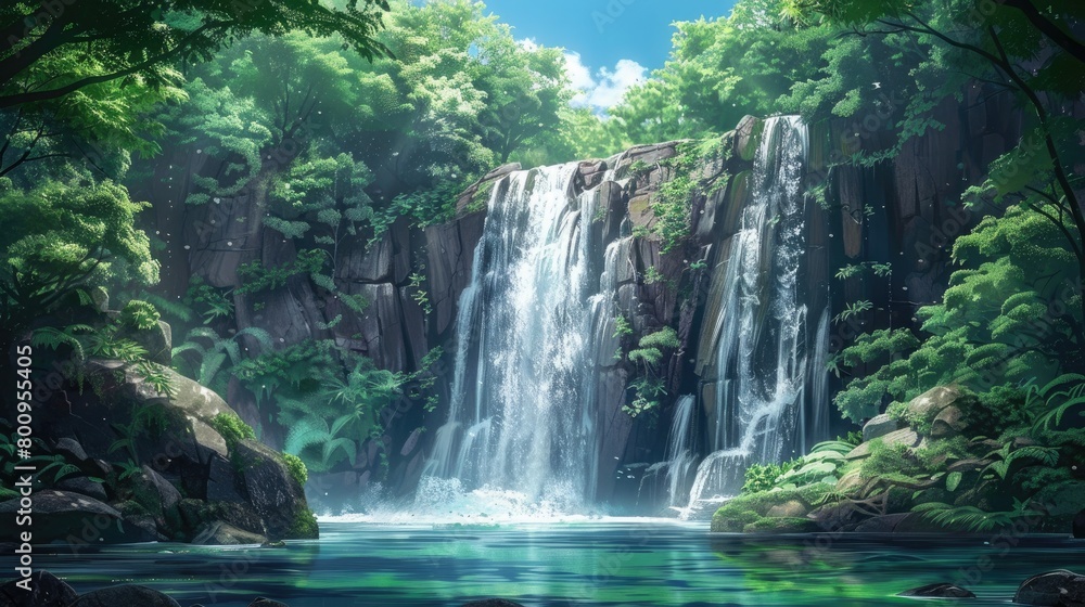 A majestic waterfall cascading into a crystal-clear pool, surrounded by lush greenery.