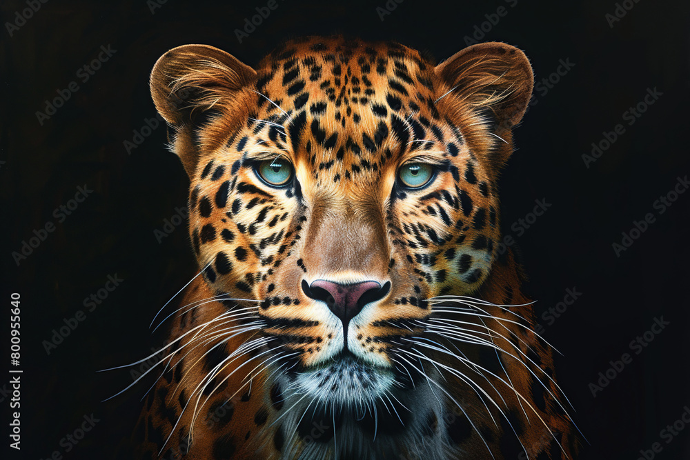 Naklejka premium Leopard animal portrait on black background. Wild cat face