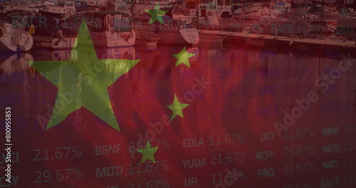 Image of financial data processing and flag of china over landscape