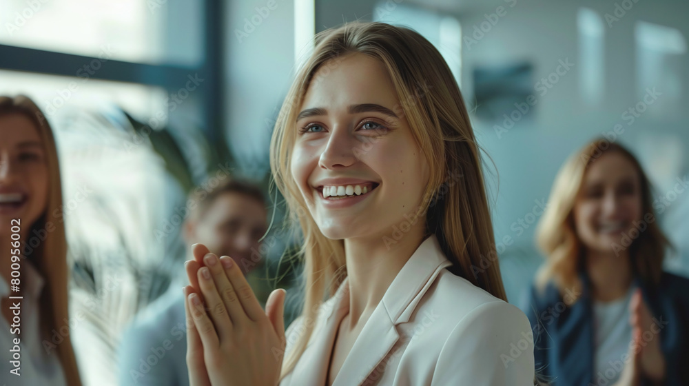 A young woman sits with her colleagues in a modern office room and applauds
