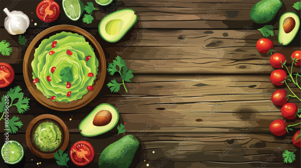 Tasty guacamole with ingredients on wooden background