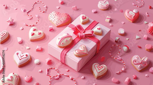 Tasty heart shaped cookies with gift box on pink background