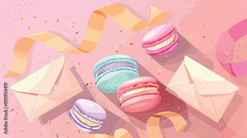 Tasty macarons with envelopes and ribbon on color background photo