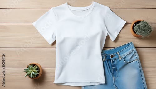 Classic Combination: White T-shirt Mockup and Blue Jeans Flat Lay on Wood