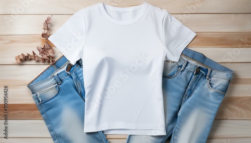 Everyday Elegance: Women's T-shirt Mockup and Blue Jeans on Wooden Table