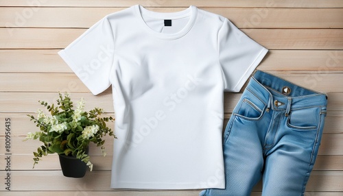 Effortless Style: White T-shirt Mockup Paired with Blue Jeans on Wooden Surface