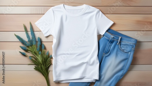 Casual Chic: Women's Cotton T-shirt Mockup with Blue Jeans on Wooden Background