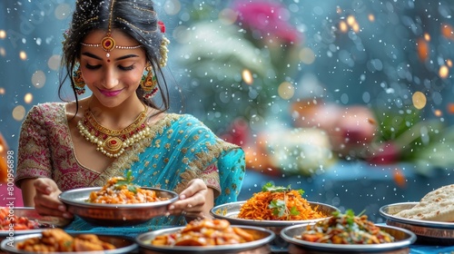 Beautiful girl with Indian Cuisine for Diwali photo