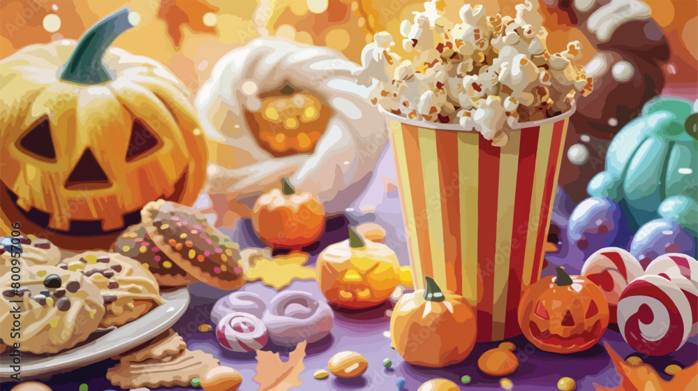 Tasty popcorn cookie and candies on light background