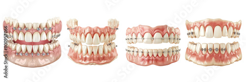 Set of  A crooked jaw prosthesis  teeth on a transparent background
