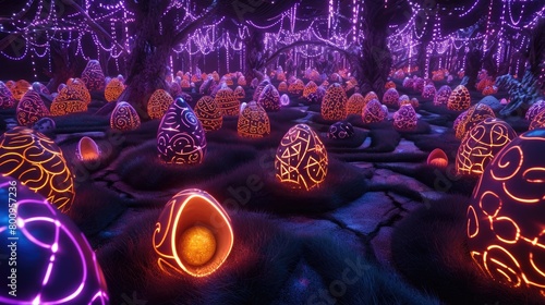 A labyrinth of glowing Easter eggs forming an otherworldly maze, enticing adventurers to discover the central golden egg. photo