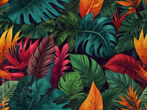 Abstract background with colorful tropical leaves.