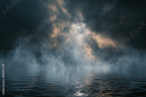 A dramatic black and white image depicts wispy clouds and mist, reminiscent of the divine, swirling above the darkness of a vast ocean.