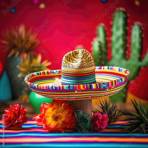 Playful arrangement of a Mexican sombrero resting on a cactus, against a backdrop of bright colors celebrating Cinco de Mayo