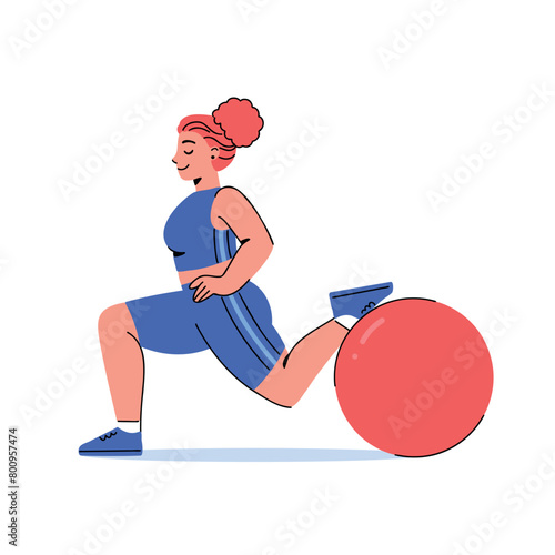 Flat vector illustration of plus size woman doing workout with fitness ball. Cartoon redhead female character in sport outfit isolated on white background. Active lifestyle, body positive concept.