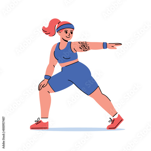Young redhead woman with tattoo in blue sport outfit doing pilates exercise. Flat vector illustration with body positive, active lifestyle concept. Plus-size cartoon female character working out. 