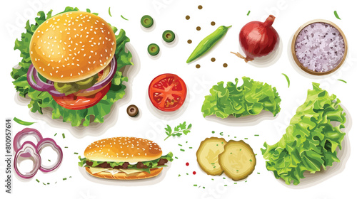 Tasty vegetarian burger and ingredients on white background