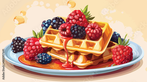 Tasty waffles with sweet syrup and berries on plate Vector