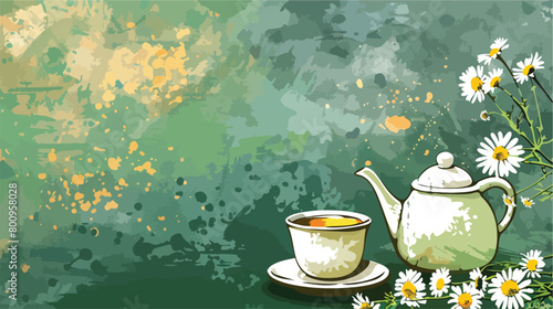 Teapot with cup of natural chamomile tea on green grub photo