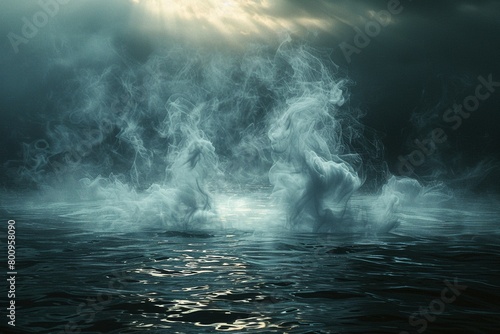 Luminescent clouds and mist, reminiscent of the divine, illuminate the darkness as they billow over a calm body of water.