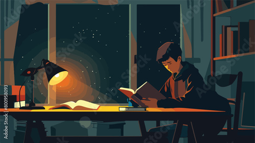 Teenage boy reading book at table late in evening Vector