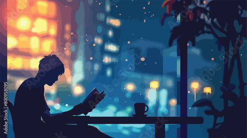 Teenage boy reading book at table late in evening Vector