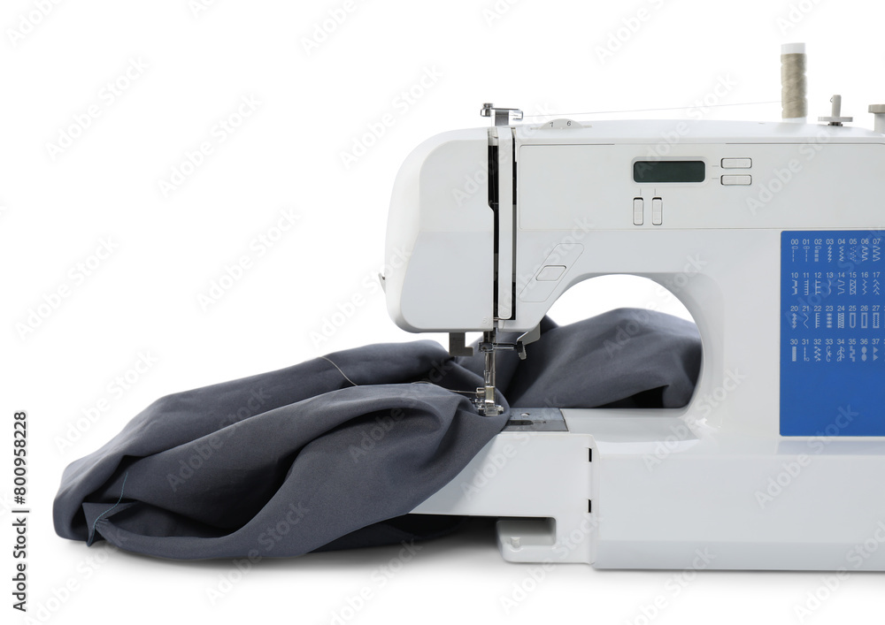 Fototapeta premium Sewing machine with grey fabric isolated on white
