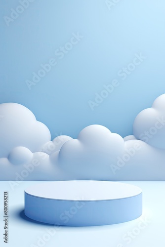 Minimalist design concept with a blue podium surrounded by soft cloud patterns, perfect for abstract and serene advertising visuals