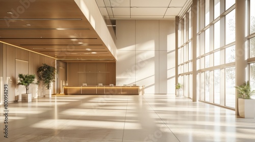 Modern Minimalist Lobby Interior with Natural Light Shot from Corner Angle