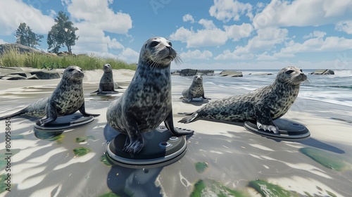 A group of seals playing a rhythm game on a beach, using special controllers that mimic their natural movements.