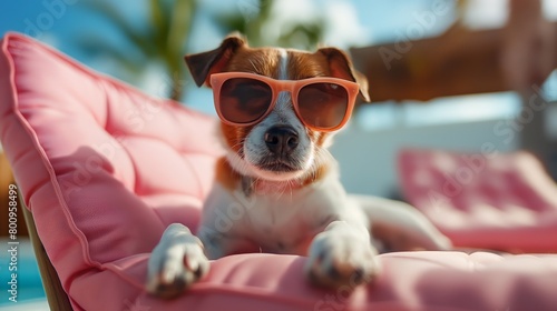 Dog resting on a peach sun bed summer background © castecodesign