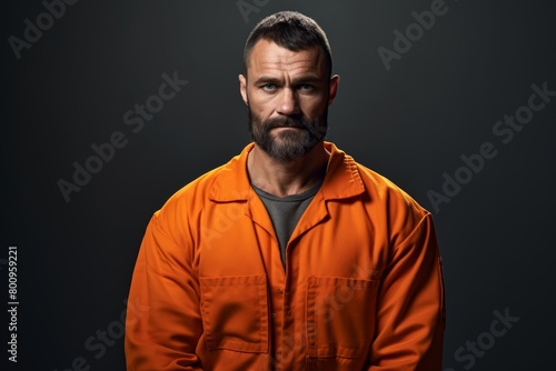 Caucasian male prisoner, aged 35, wearing a modern orange jumpsuit, symbolizing the struggle for justice and redemption within the criminal justice system photo
