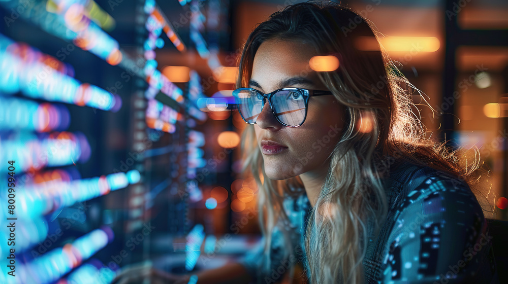 banner of a female software developer working on a computer, represented by a double exposure of lines of code and a developer in action, with empty copy space banner of a female software developer working on a computer, represented by a double exposure of lines of code and a developer in action, with empty copy space