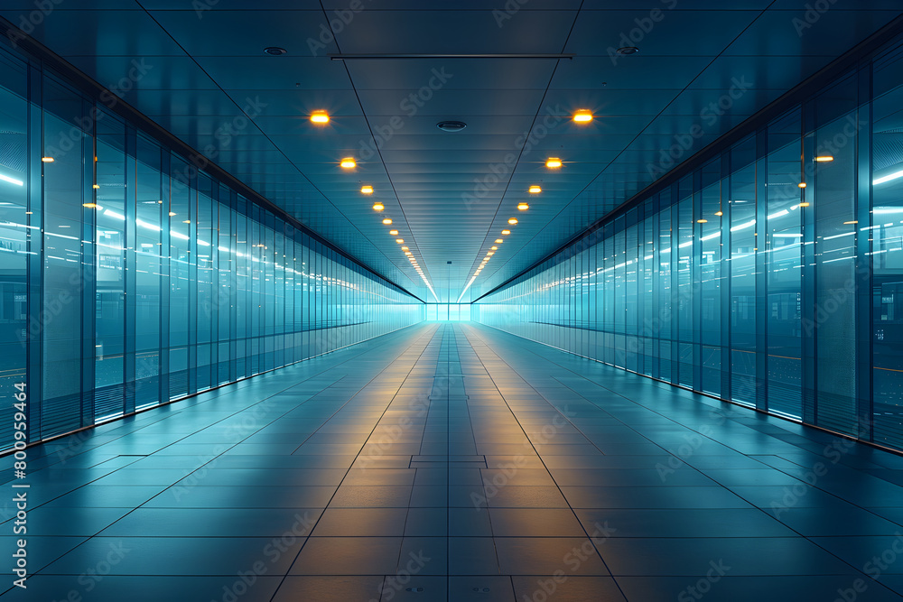 Fototapeta premium 8K Resolution Corridor with Blue Light and Glass Walls