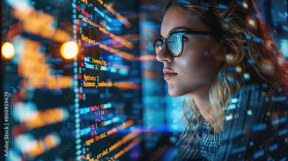 banner of a female software developer working on a computer, represented by a double exposure of lines of code and a developer in action, with empty copy space banner of a female software developer working on a computer, represented by a double exposure of lines of code and a developer in action, with empty copy space