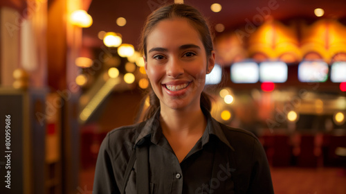 A joyful young woman in movie theater uniform smiling at the camera, embodying friendliness