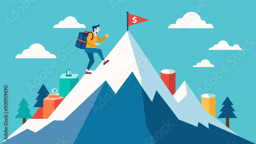 A person hiking up a mountain with different peaks labeled with debt types like Personal Loans and Medical Debt using tools like Snowball od and