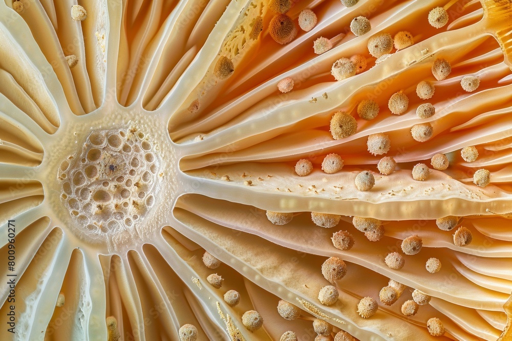 Microscopic Cross-Section of Mushroom Cap with Gills and Spores ...
