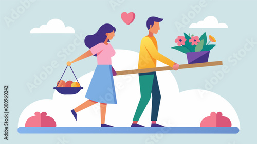 A couple on a seesaw with a bouquet of flowers and a grocery bag representing the balance between romantic gestures and practical household